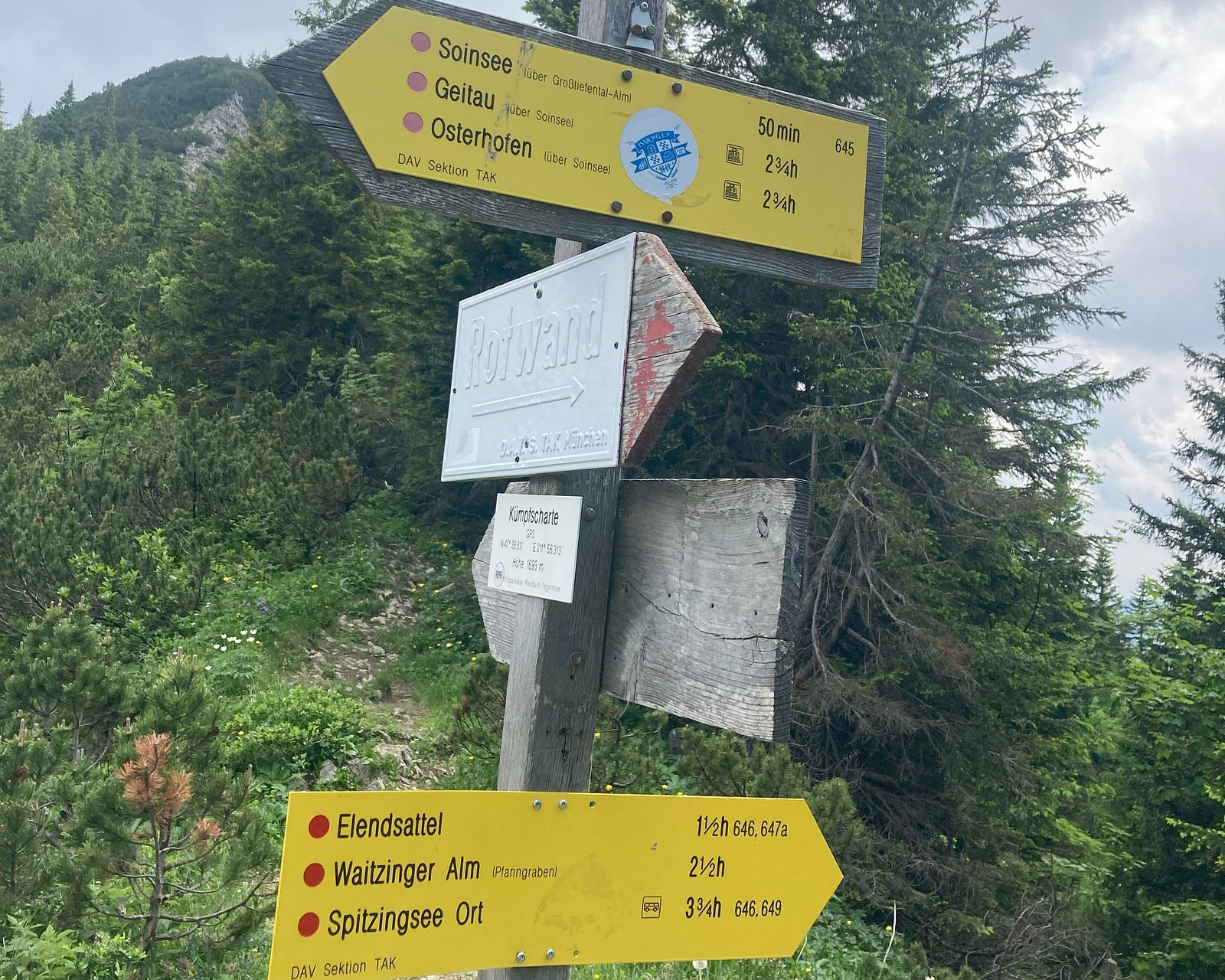A trail junction signpost connecting different routes